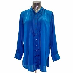 KENNETH Cole REACTION Solid Blue Pleated Yoke Long Sleeve Button Down Blouse
